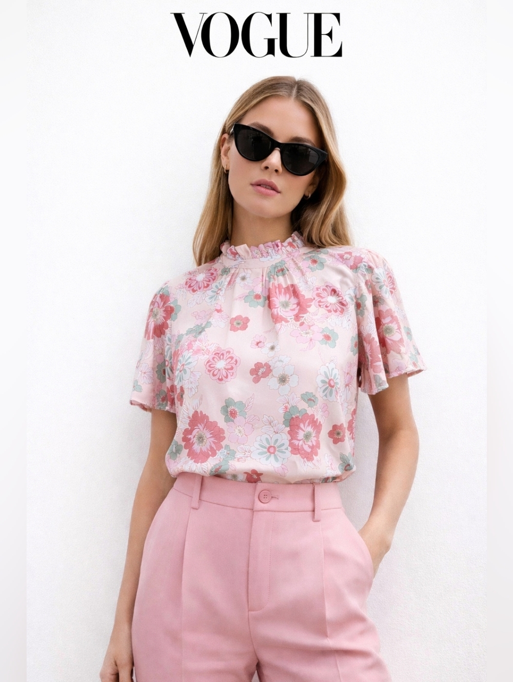 NEW 🆕 Floral Ruffle-Neck Pink Blouse